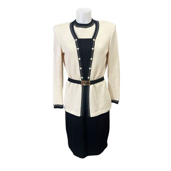 St. John‎ Vintage 3 Piece Santana Knit Blazer Dress Belt Set SJ Buttons size 4 - Picture 1 of 12